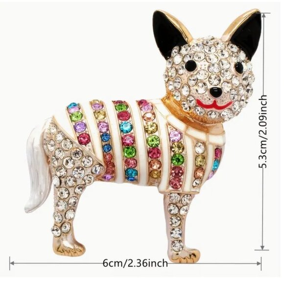 Betsey Johnson Brooch Multicolor Crystal Chihuahua Dog Pendant Gold Tone - Picture 2 of 2